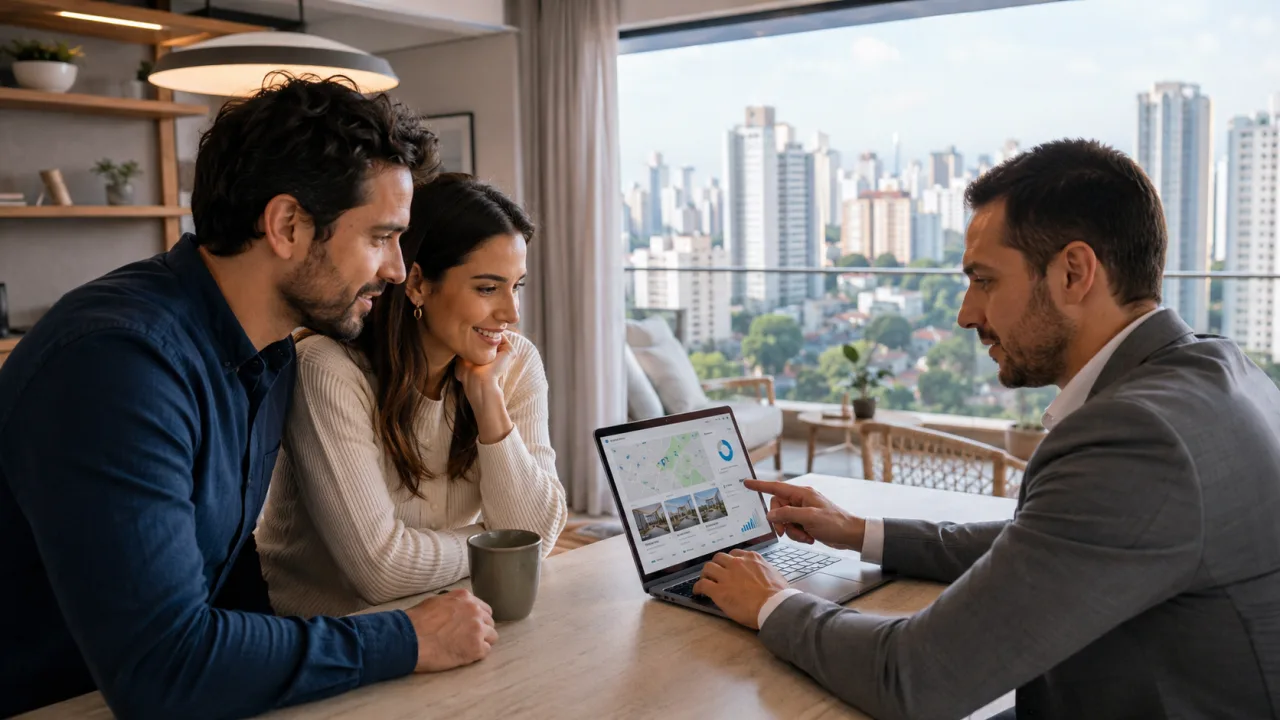 Casal analisando dados do mercado imobiliário de São Paulo